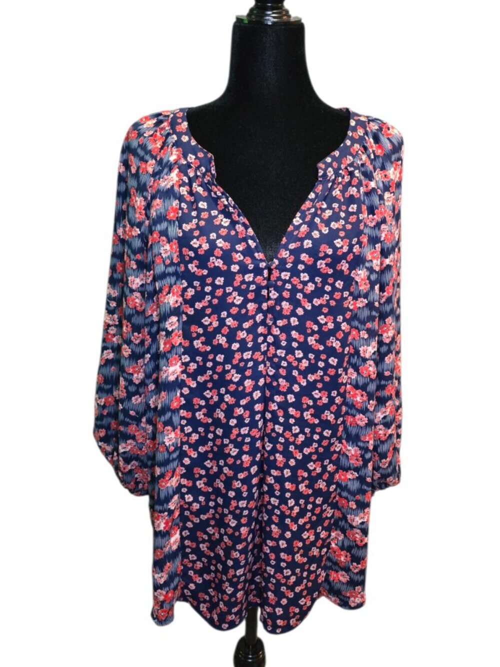 Lila Rose Shirt Womens PLUS 1XL Red Navy Pink Sheer V-Neck 3/4 Sleeve Boho Top